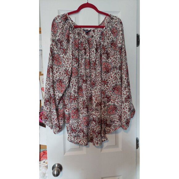 Chaps Womens 2X Paisley Boho Blouse With Long Sleeves & Scoop Neck White/Red - Picture 2 of 9